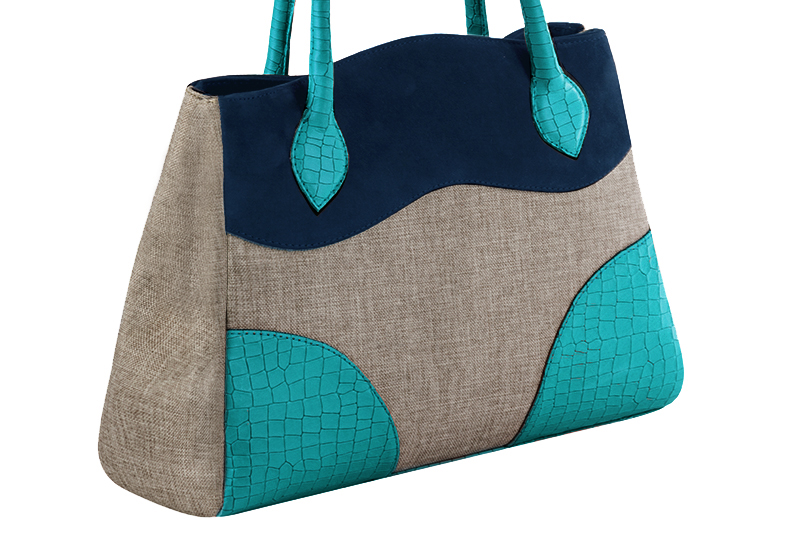 Natural beige and navy blue women's dress handbag, matching pumps and belts. Front view - Florence KOOIJMAN